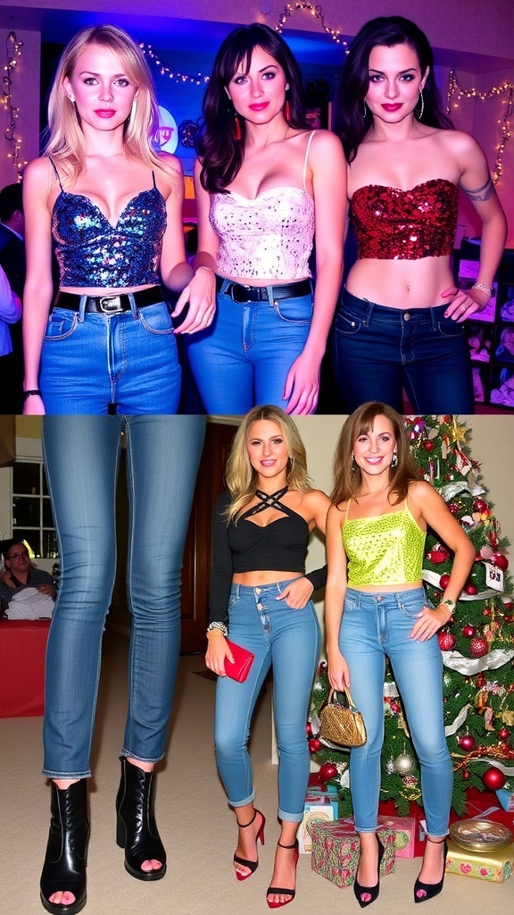 Collage of 2000s Christmas party outfits with sequins, denim, and festive accessories.